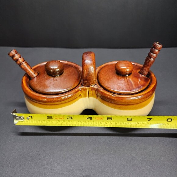 Vintage Stoneware Double Condiment Crock Set with Spoons and Lids - Picture 9 of 10